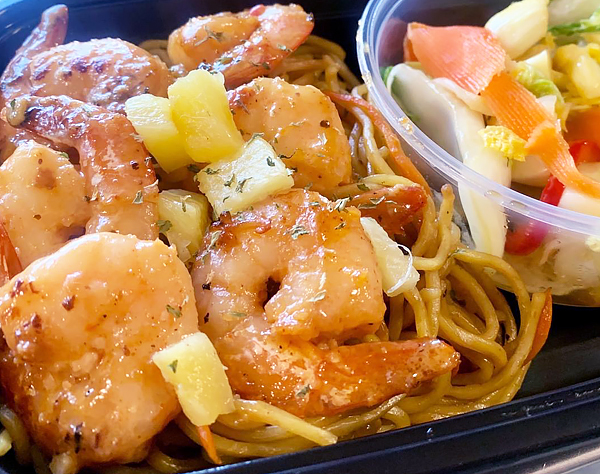 Garlic Shrimp with Grilled Pineapple, Yakisoba Noodles and Asian Slaw