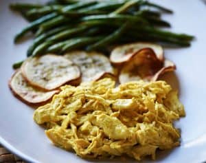 Aji de Gallina (Peruvian chicken recipe) with Yuca and Grilled Long Beans
