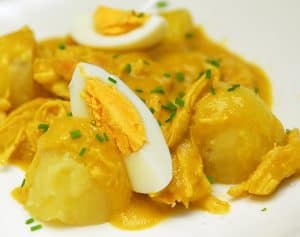 Aji de Gallina (Peruvian chicken recipe) with Yuca and Grilled Long Beans