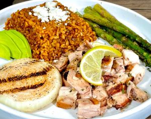 Citrus & Herbs Marinated Grilled Chicken with Lentil Moros and Grilled Onion Rings and Asparagus