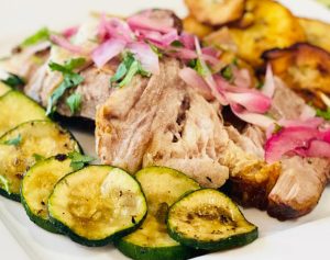 Lechon Hornado with Olive Oil Fried Sweet Plantain and Grilled Zucchini