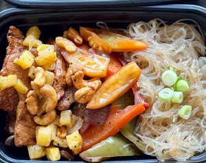 Sweet and Sour Pork w/ Sautéed Veggies and Rice Noodles