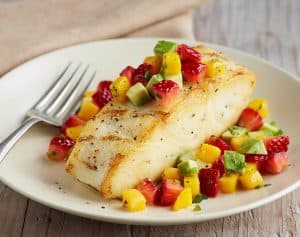 Grilled Market Fish with Mango Chutney Relish & Creamy Corn Brown Rice