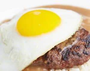 Healthy Loco Moco with Organic Brown Rice Macaroni Salad and Grilled Beef Patty