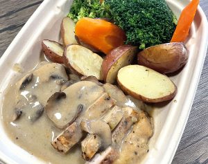 French Pork w/ Mushroom Sauce, Steamed Veggies and Roasted Baby Potatoes