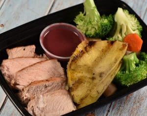 Grilled Pork Chops with Red Wine reduction sauce / Grilled Pineapple and Steamed Veggies.