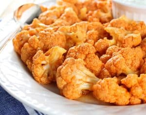 Buffalo Cauliflower with Sweet Potato Fries