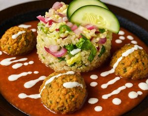 Mediterranean Falafel Bowl w/ Tomato Chutney, Quinoa and Tahine Sauce