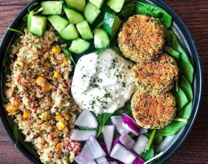 Mediterranean Falafel Bowl w/ Tomato Chutney, Quinoa and Tahine Sauce