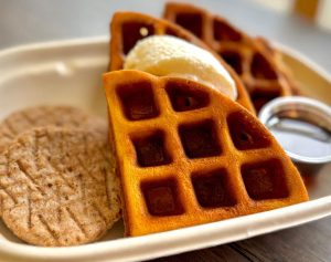 Whole Wheat Waffles w/ Maple Syrup, Whipped Cream and Turkey Sausage
