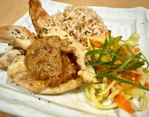 Chicken Satay w/ Almond Butter Sauce, Brown Rice and Green Papaya Salad